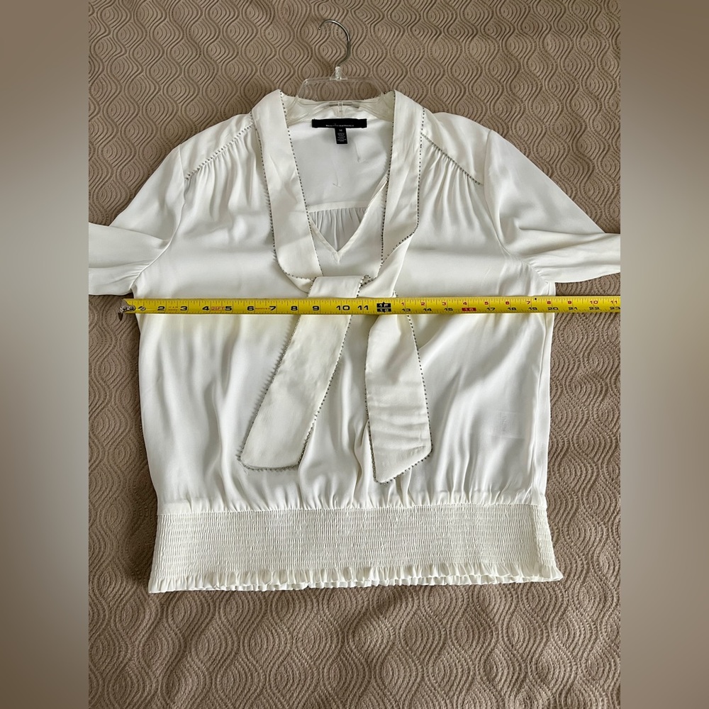 White House Black Market tie neck embellished trim blouse in ecru size medium 🆕 - Picture 10 of 14